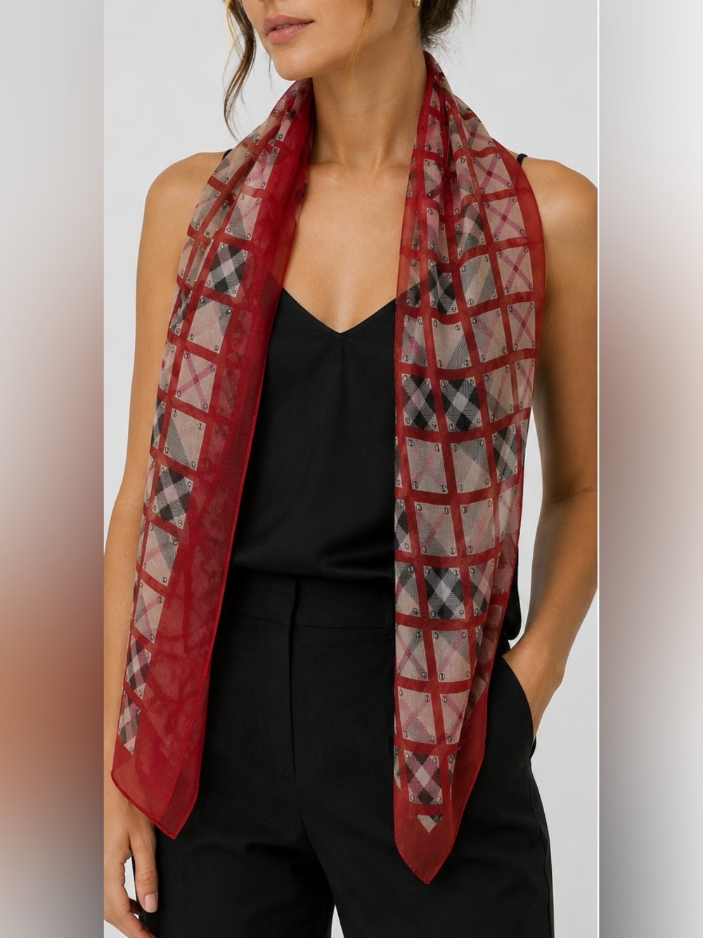100% Silk Sheer Plaid Scarf Red, Pink & Black Lightweight Oblong Wrap